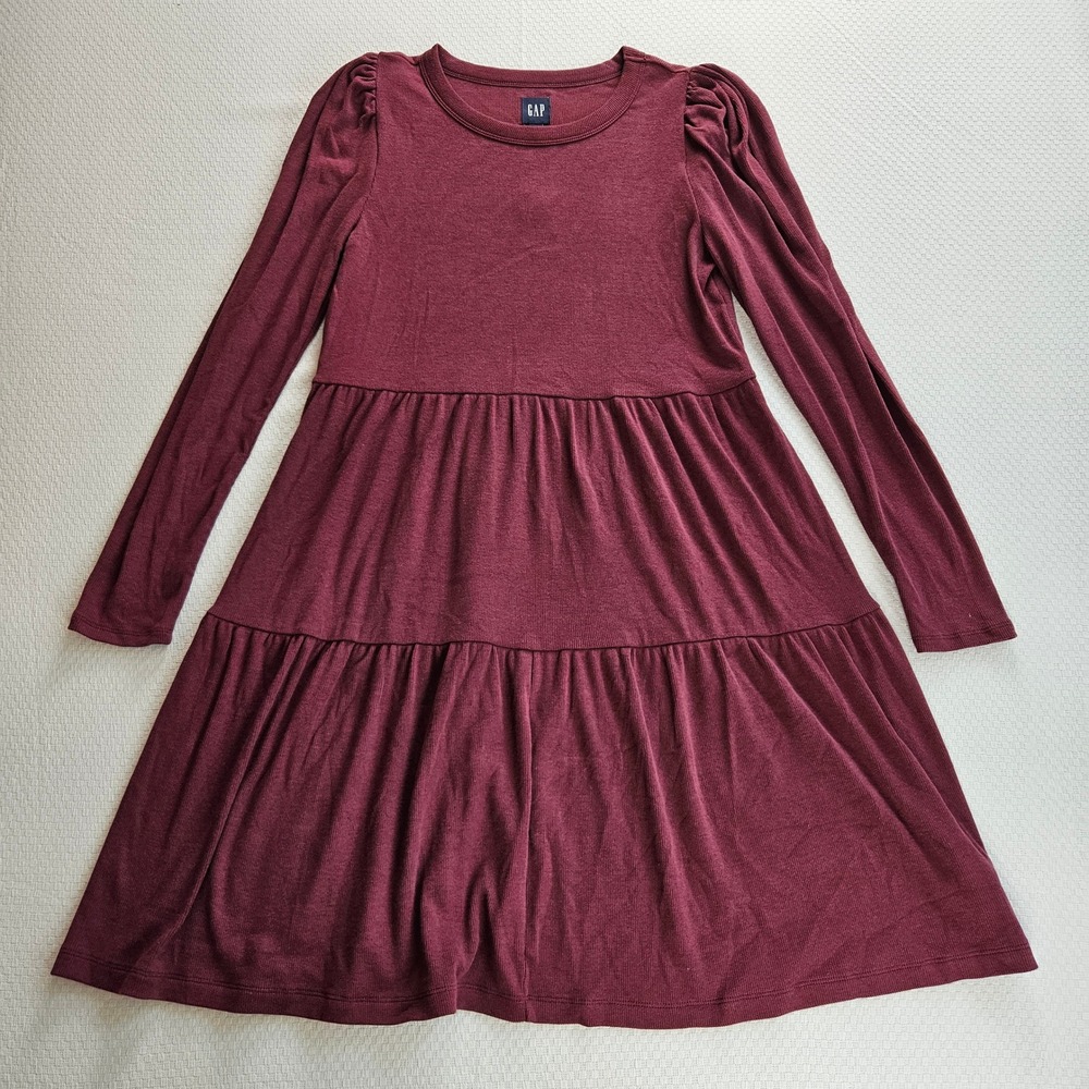 Gap Ribbed Tiered Mini Dress Burgundy Long Sleeve Puff Shoulder Babydoll M